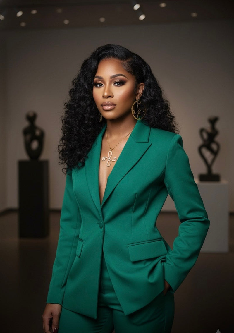 Woman in a green suit standing in an art gallery setting wearing Bonafide Glam Luxe Logo jewelry set